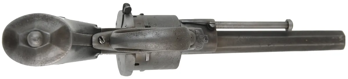 System LeFauchuex Pin Fire Revolver,
caliber 9mm pin fire, 4-3/4" barrel,
broom handle, double action, Belgian proof marks