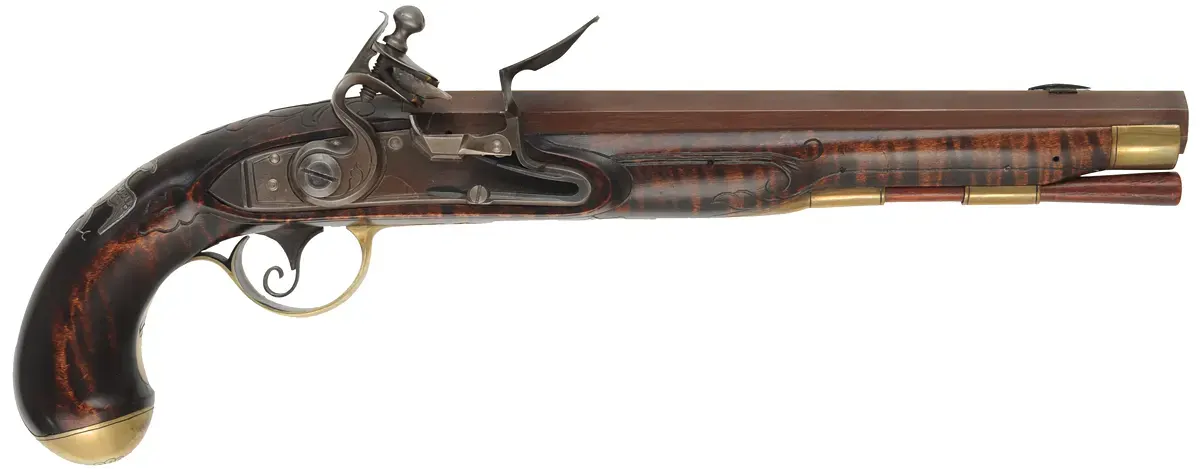 Kentucky Pistol,
.50 caliber 9-1/4" barrel,
small Siler flintlock, engraved brass, curly maple, 
used, by J. Kirklin