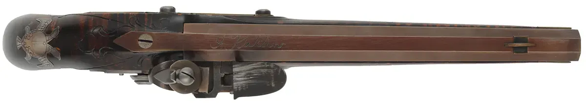 Kentucky Pistol,
.50 caliber 9-1/4" barrel,
small Siler flintlock, engraved brass, curly maple, 
used, by J. Kirklin