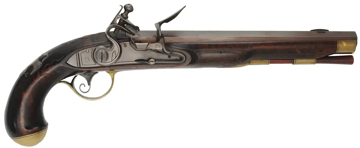 Kentucky Pistol,
.50 caliber 9-1/4" barrel,
small Siler flintlock, engraved brass, curly maple, 
used, by J. Kirklin
