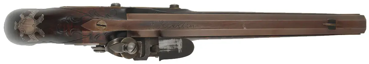 Kentucky Pistol,
.50 caliber 9-1/4" barrel,
small Siler flintlock, engraved brass, curly maple, 
used, by J. Kirklin