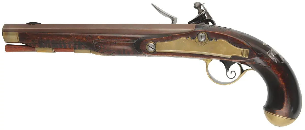 Kentucky Pistol,
.50 caliber 9-1/4" barrel,
small Siler flintlock, engraved brass, curly maple, 
used, by J. Kirklin