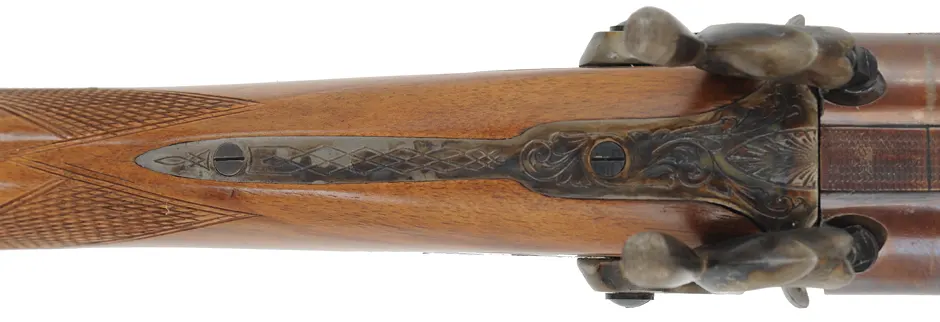 Double Shotgun
13 gauge, 28" barrels,
walnut, checkered straight grip, percussion,
used, by Davide Pedersoli