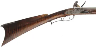 Southern Mountain Rifle,
.45 caliber,  46" Rice swamped barrel,
Chambers Ketland flintlock, curly maple, iron, used