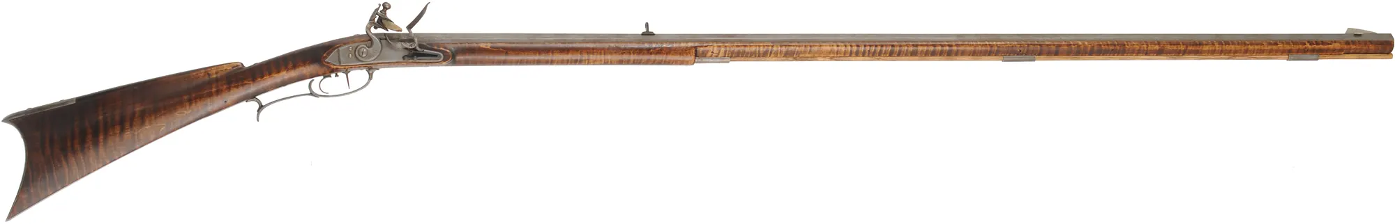 Southern Mountain Rifle,
.45 caliber,  46" Rice swamped barrel,
Chambers Ketland flintlock, curly maple, iron, used