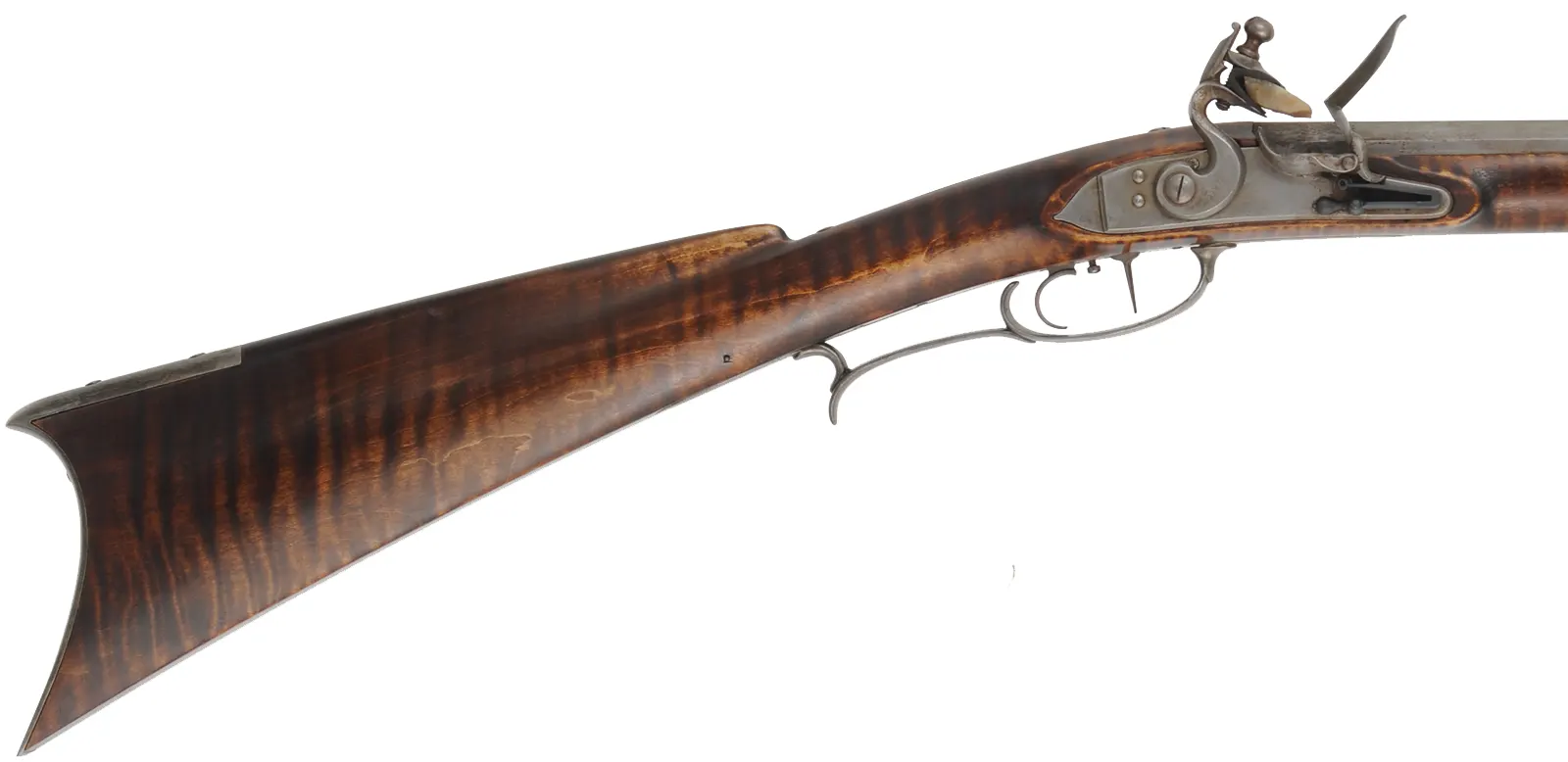 Southern Mountain Rifle,
.45 caliber,  46" Rice swamped barrel,
Chambers Ketland flintlock, curly maple, iron, used