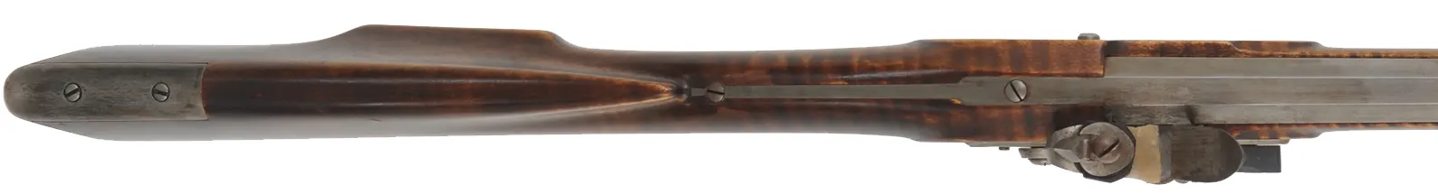 Southern Mountain Rifle,
.45 caliber,  46" Rice swamped barrel,
Chambers Ketland flintlock, curly maple, iron, used