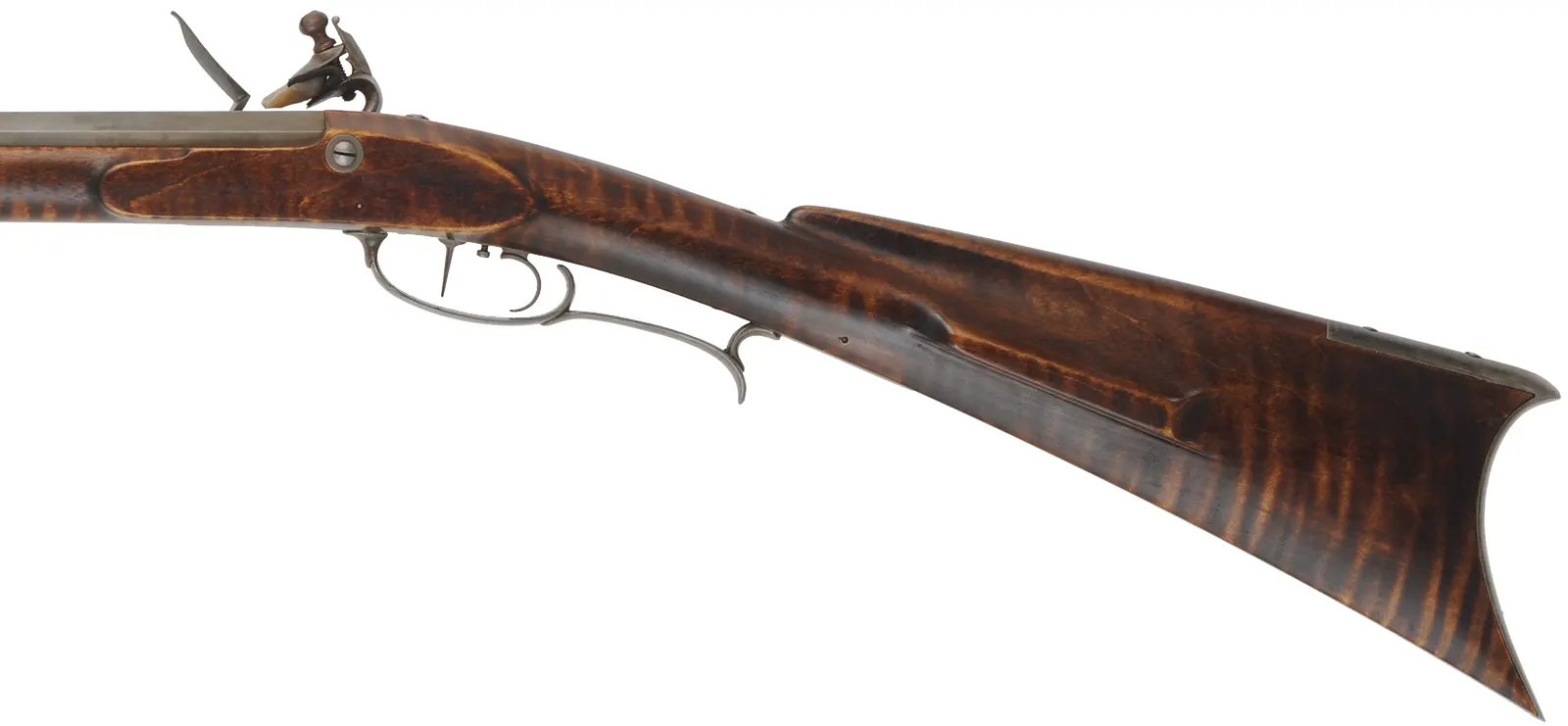 Southern Mountain Rifle,
.45 caliber,  46" Rice swamped barrel,
Chambers Ketland flintlock, curly maple, iron, used