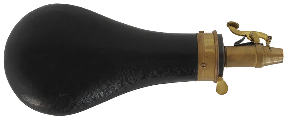 Parker Hale Powder Flask,
leather covered, brass head, 
used, by James Dixon & Sons, Sheffield