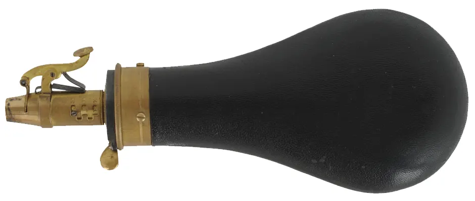 Parker Hale Powder Flask,
leather covered, brass head, 
used, by James Dixon & Sons, Sheffield