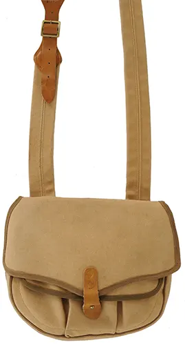 Used Possibles bag, 
brown canvas, 11" by 9-1/2",
leather closure tab