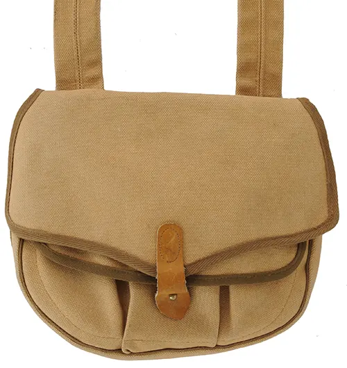 Used Possibles bag, 
brown canvas, 11" by 9-1/2",
leather closure tab