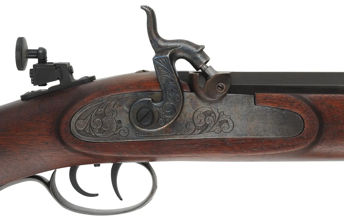 Halfstock Hawken
.50 caliber, 28" barrel,
walnut stock, iron trim, peep sight, used