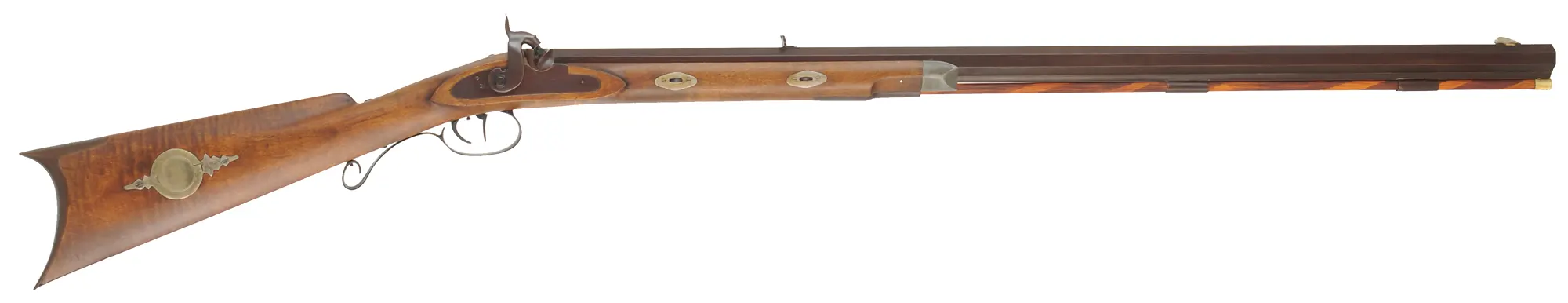 Hawken Rifle,
.54 caliber 35" barrel,
R.E. Davis percussion lock, iron, curly maple,
new, unfired, signed by George Nelson