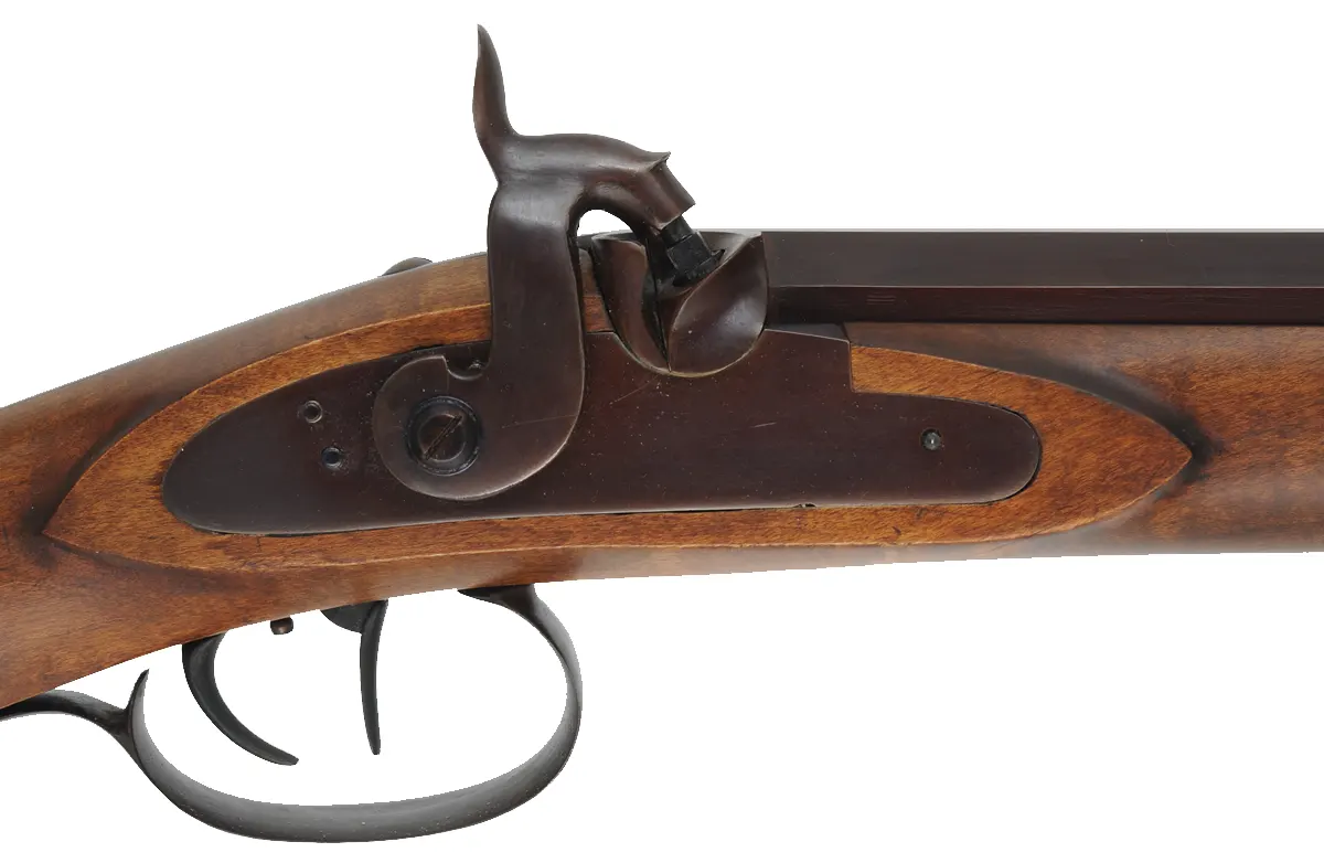 Hawken Rifle,
.54 caliber 35" barrel,
R.E. Davis percussion lock, iron, curly maple,
new, unfired, signed by George Nelson