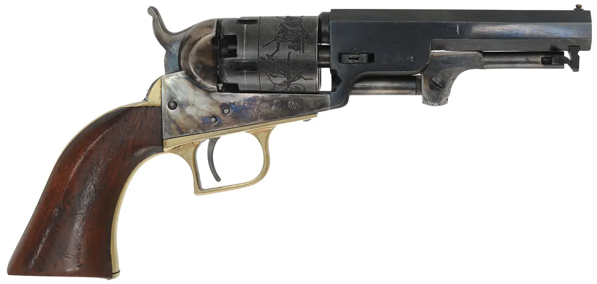 1849 Colt Pocket Model Revolver,
.31 caliber, 4" barrel,
five shot,cylinder, blued, walnut, 
used, made in Italy by A.S.M.