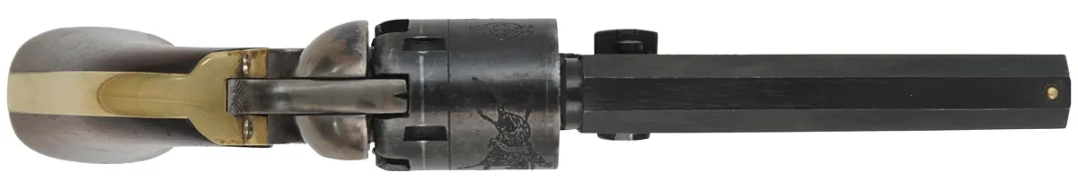 1849 Colt Pocket Model Revolver,
.31 caliber, 4" barrel,
five shot,cylinder, blued, walnut, 
used, made in Italy by A.S.M.