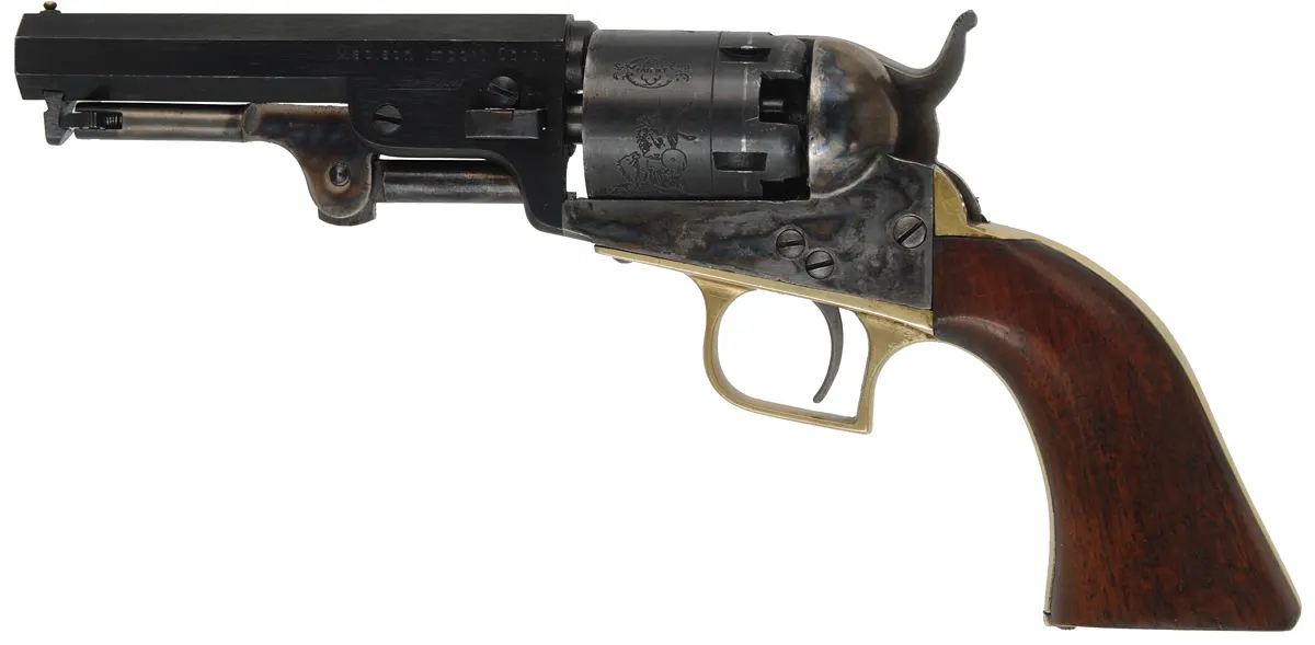 1849 Colt Pocket Model Revolver,
.31 caliber, 4" barrel,
five shot,cylinder, blued, walnut, 
used, made in Italy by A.S.M.