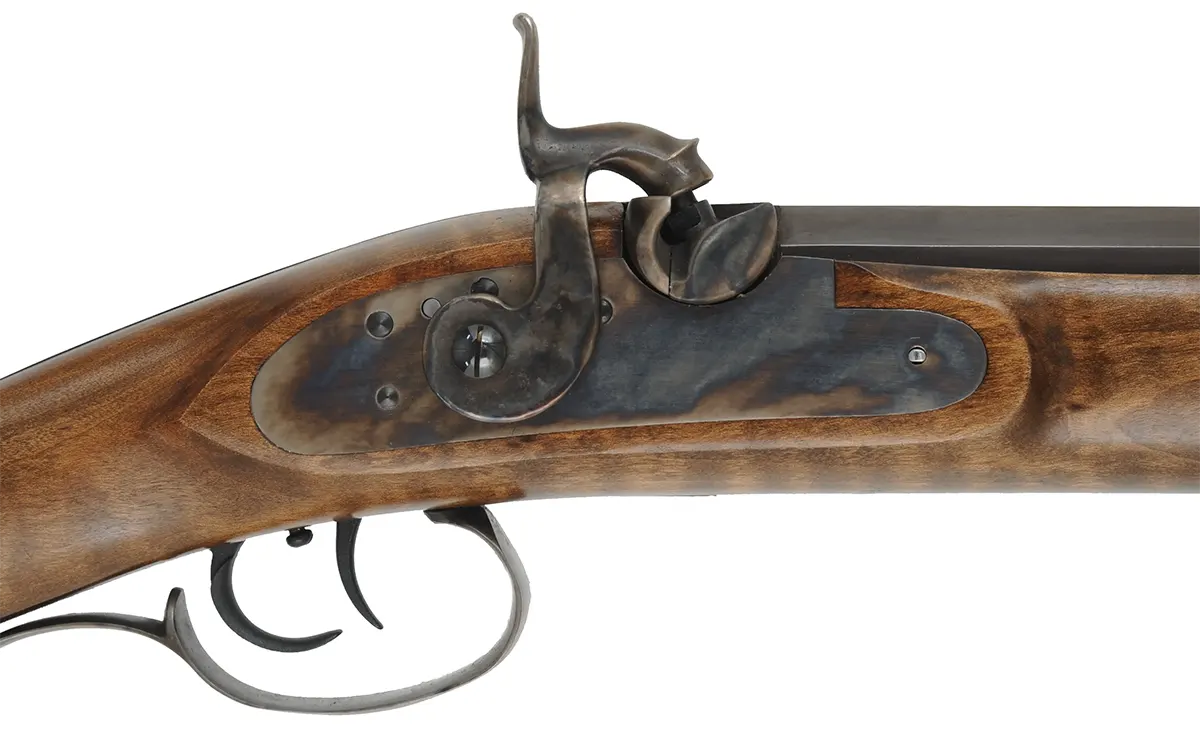 Rocky Mountain Hawken Rifle,
.54 caliber,  34" barrel,
percussion, curly maple, color case hardened iron, 
used, by Davide Pedersoli