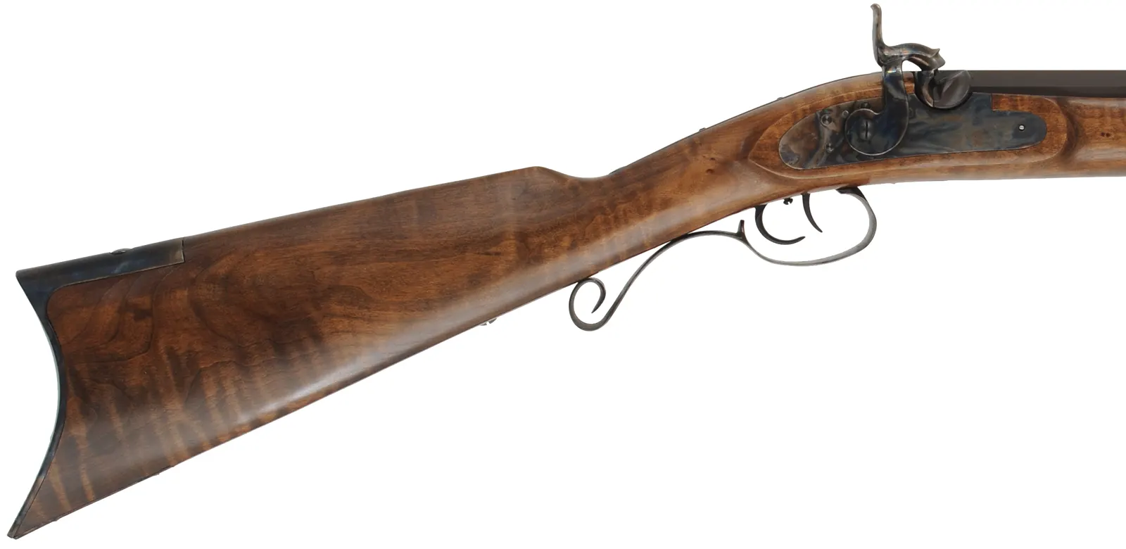 Rocky Mountain Hawken Rifle,
.54 caliber,  34" barrel,
percussion, curly maple, color case hardened iron, 
as-new with box, by Davide Pedersoli