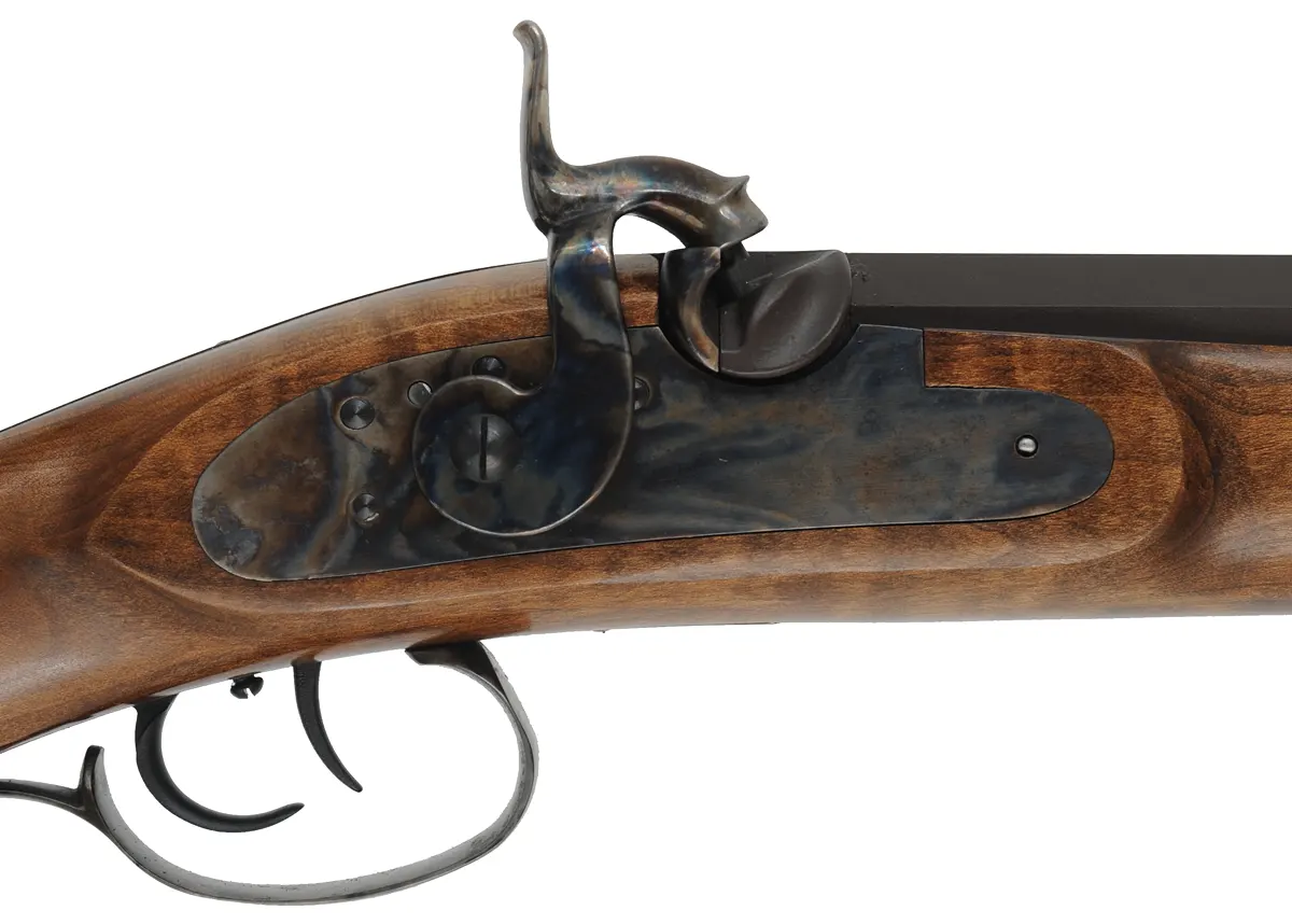 Rocky Mountain Hawken Rifle,
.54 caliber,  34" barrel,
percussion, curly maple, color case hardened iron, 
as-new with box, by Davide Pedersoli