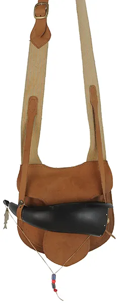 Used Possibles bag, leather,
8-3/4" by 8", beaver tail flap,
with powder horn