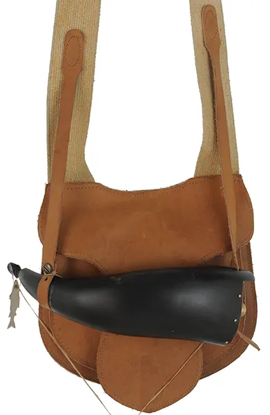 Used Possibles bag, leather,
8-3/4" by 8", beaver tail flap,
with powder horn