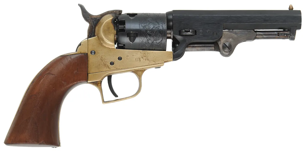 1849 Colt Pocket Model Revolver,
.31 caliber, 4" barrel,
five shot,cylinder, blued, walnut, 
brass frame, made in Italy