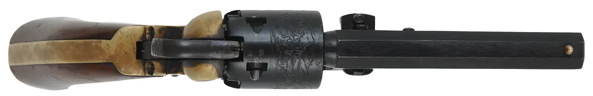 1849 Colt Pocket Model Revolver,
.31 caliber, 4" barrel,
five shot,cylinder, blued, walnut, 
brass frame, made in Italy