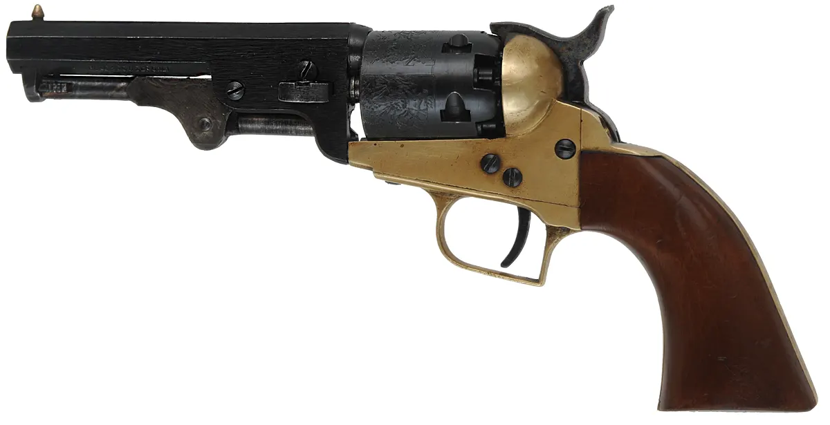 1849 Colt Pocket Model Revolver,
.31 caliber, 4" barrel,
five shot,cylinder, blued, walnut, 
brass frame, made in Italy