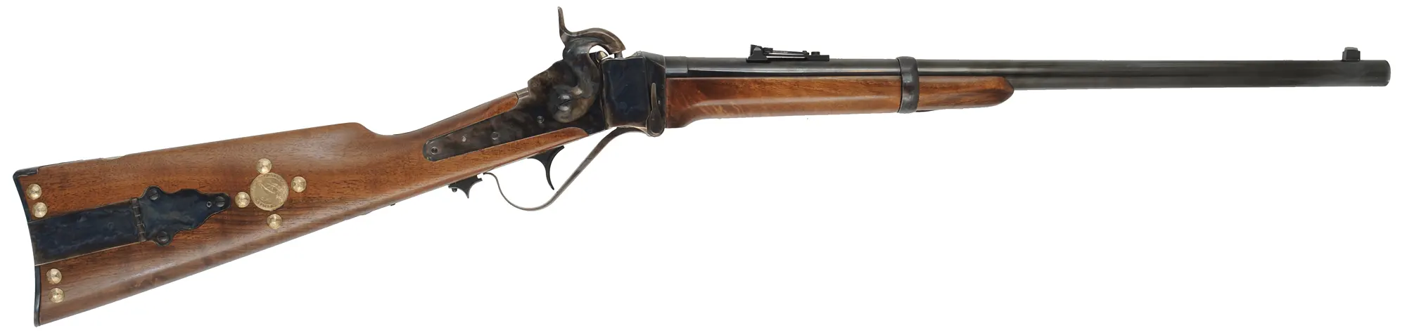 Model 1859 Sharps Cavalry Carbine,
.54 caliber, 22" barrel,
color case hardened, blued steel, walnut, saddle ring,
tacks and coins added, used, by Armi Sport