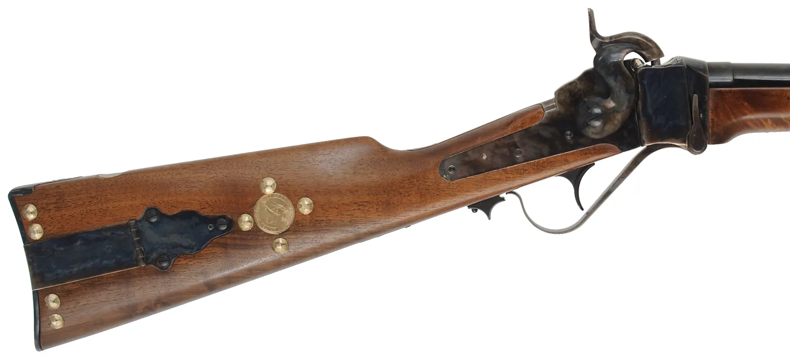 Model 1859 Sharps Cavalry Carbine,
.54 caliber, 22" barrel,
color case hardened, blued steel, walnut, saddle ring,
tacks and coins added, used, by Armi Sport