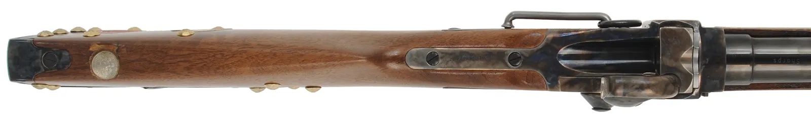 Model 1859 Sharps Cavalry Carbine,
.54 caliber, 22" barrel,
color case hardened, blued steel, walnut, saddle ring,
tacks and coins added, used, by Armi Sport