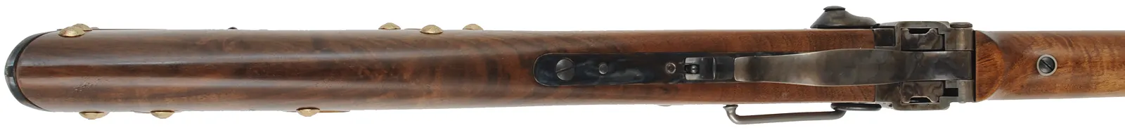 Model 1859 Sharps Cavalry Carbine,
.54 caliber, 22" barrel,
color case hardened, blued steel, walnut, saddle ring,
tacks and coins added, used, by Armi Sport