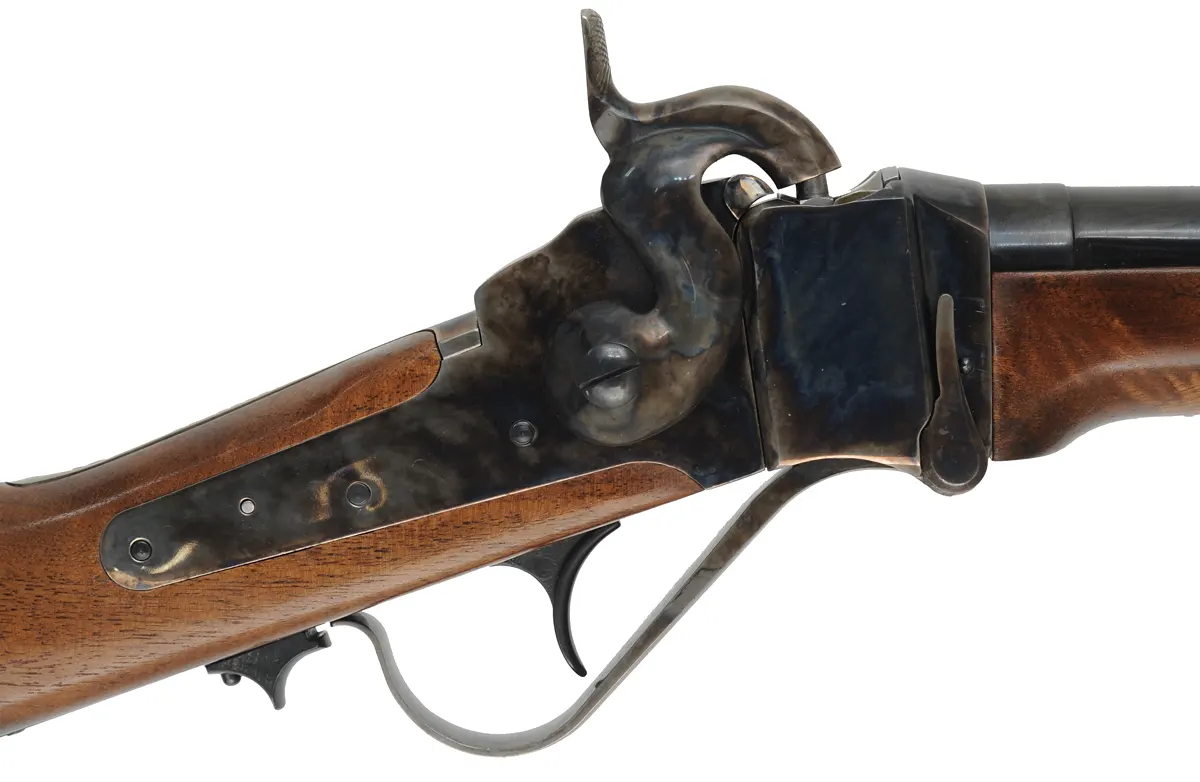 Model 1859 Sharps Cavalry Carbine,
.54 caliber, 22" barrel,
color case hardened, blued steel, walnut, saddle ring,
tacks and coins added, used, by Armi Sport