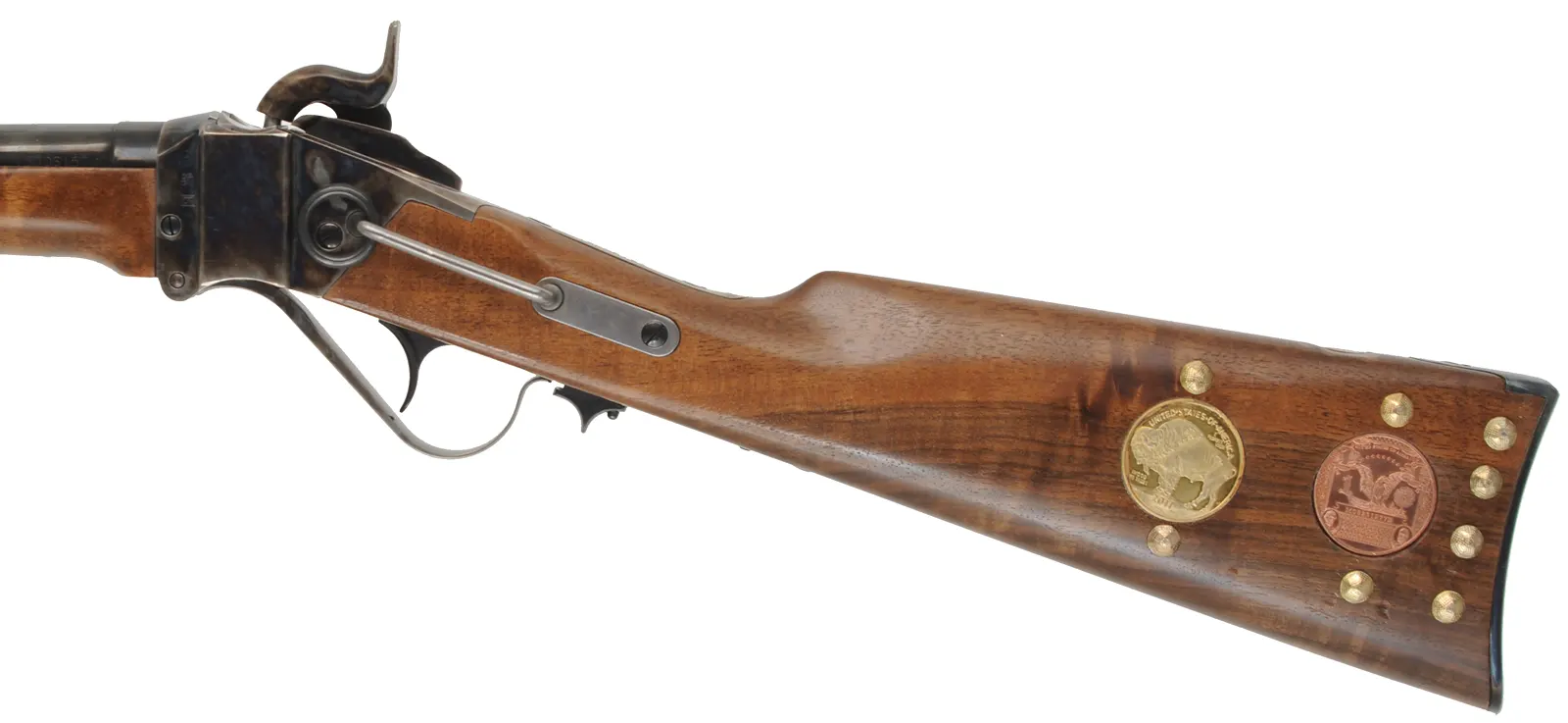 Model 1859 Sharps Cavalry Carbine,
.54 caliber, 22" barrel,
color case hardened, blued steel, walnut, saddle ring,
tacks and coins added, used, by Armi Sport