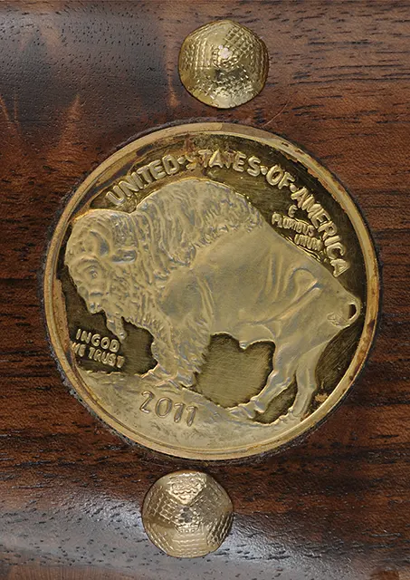 Model 1859 Sharps Cavalry Carbine,
.54 caliber, 22" barrel,
color case hardened, blued steel, walnut, saddle ring,
tacks and coins added, used, by Armi Sport