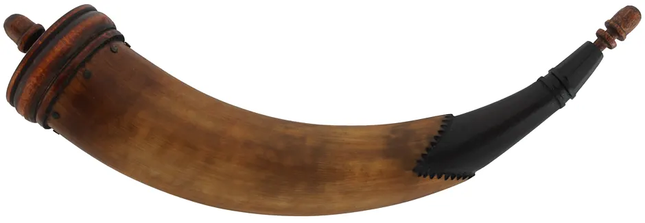 Powder Horn,
13-1/2", paneled tip, turned maple base