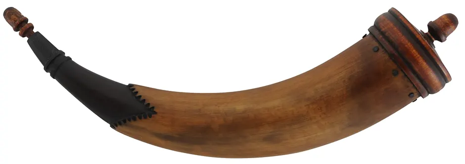 Powder Horn,
13-1/2", paneled tip, turned maple base