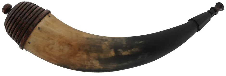 Powder Horn,
14", raised paneled tip,
turned beehive walnut base