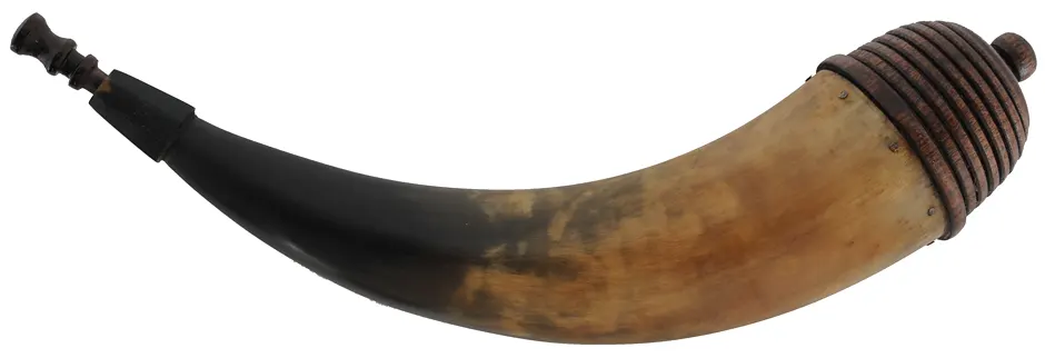 Powder Horn,
14", raised paneled tip,
turned beehive walnut base