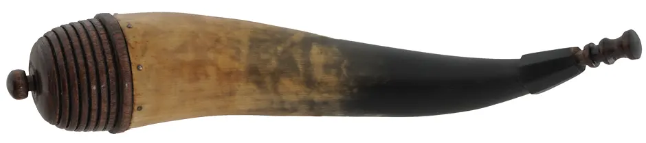 Powder Horn,
14", raised paneled tip,
turned beehive walnut base