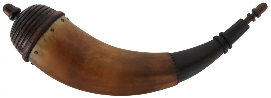 Powder Horn,
13-1/2", octagon tip, turned beehive base