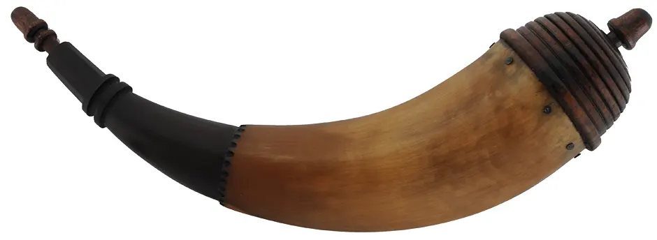 Powder Horn,
13-1/2", octagon tip, turned beehive base