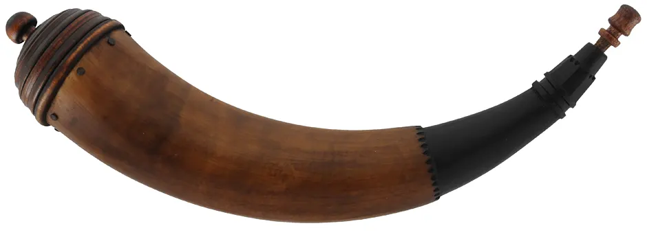 Powder Horn,
14", raised tip, turned maple beehive base