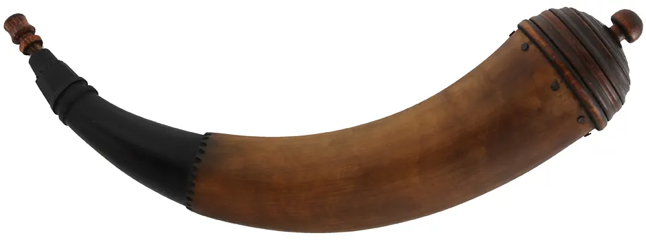 Powder Horn,
14", raised tip, turned maple beehive base