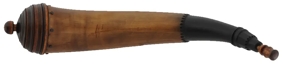 Powder Horn,
14", raised tip, turned maple beehive base
