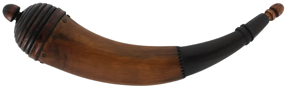 Powder Horn,
11-1/2", paneled tip, turned cherry beehive base
