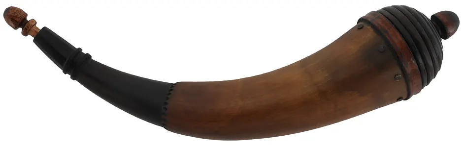 Powder Horn,
11-1/2", paneled tip, turned cherry beehive base