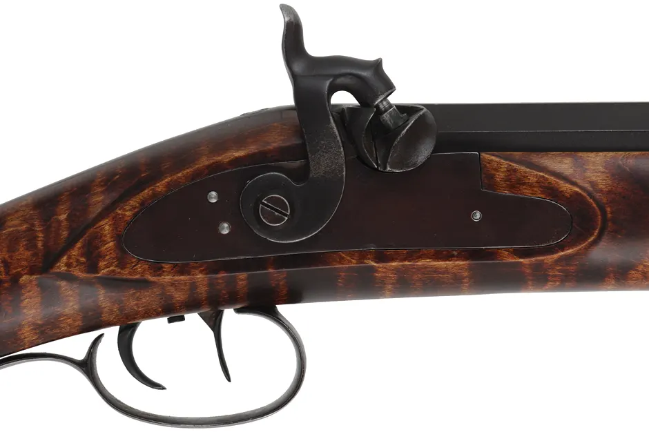 Halfstock Hawken Rifle,
.50 caliber,  40" G.R. Douglas XX barrel, 
curly maple, iron trim, percussion, 
repaired crack at toe, used